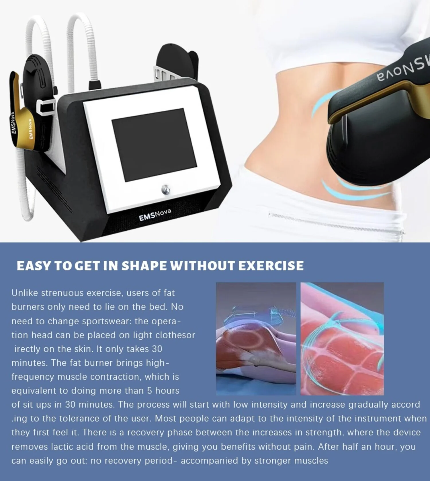 EMSnova no exercise body sculpting. 30 minutes equals over 5 hours of sit-ups. Painless with no recovery period