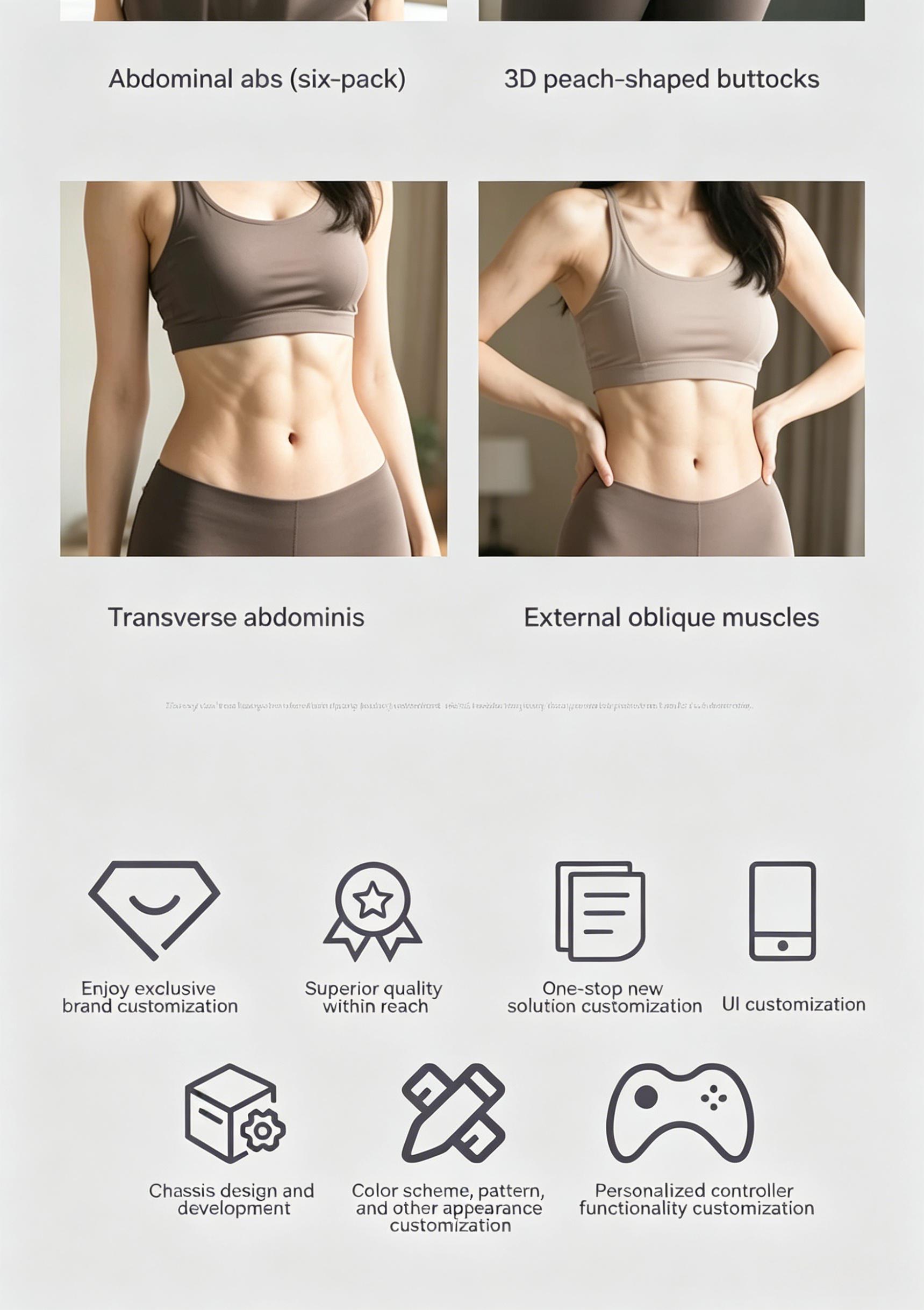 EMSnova body sculpting for abs and glutes with customizable UI, colors, patterns, and controller functions