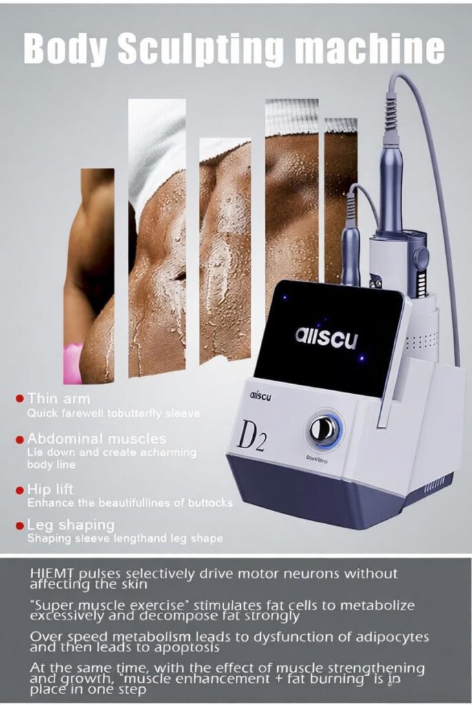 EMSnova HIEMT body sculpting for arms, abs, hips, and legs. Muscle building and fat burning in one step