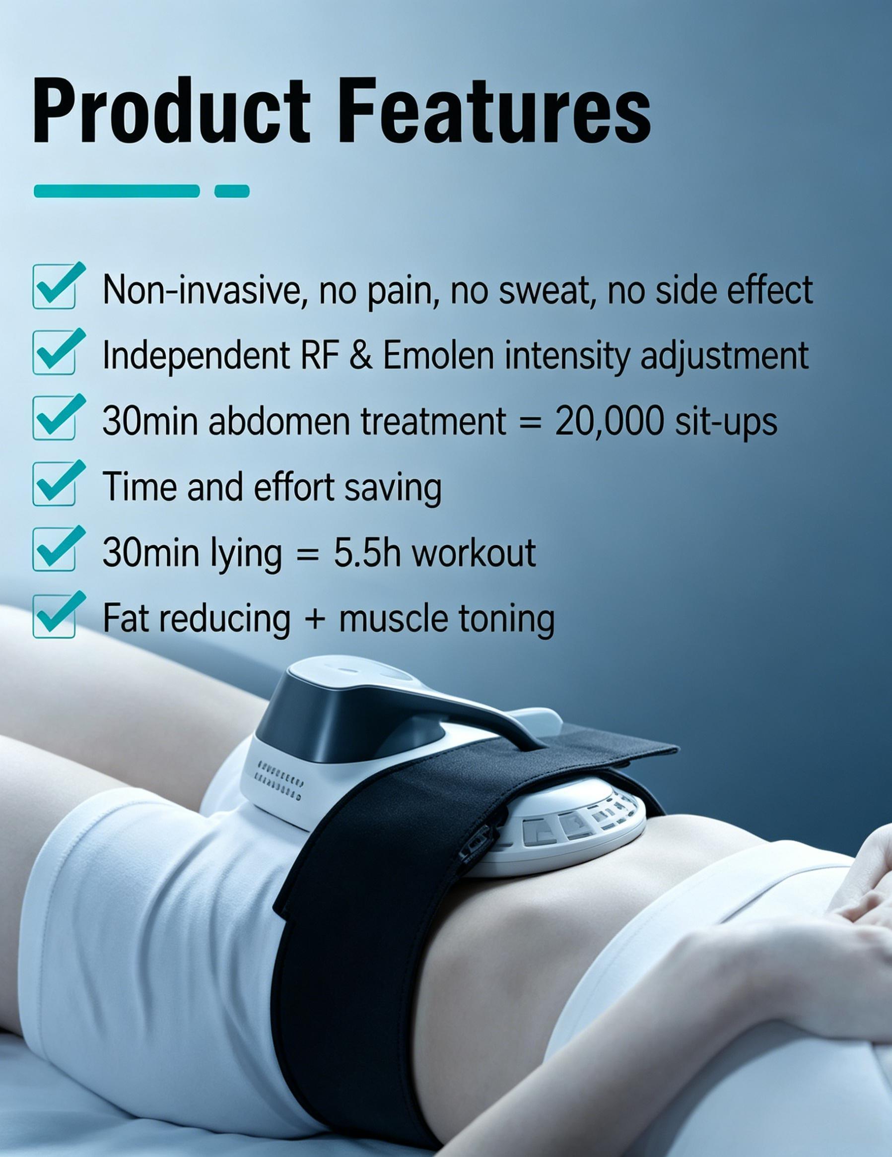 Mecavie non-invasive body sculpting features: 30 minute treatment equals 20000 sit-ups, fat reduction and muscle toning
