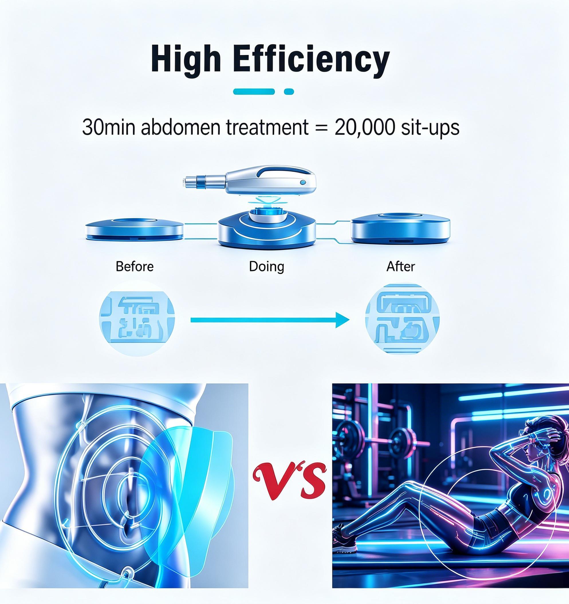 Mecavie 30 minute abdomen treatment equals 20000 sit-ups. Before and after comparison