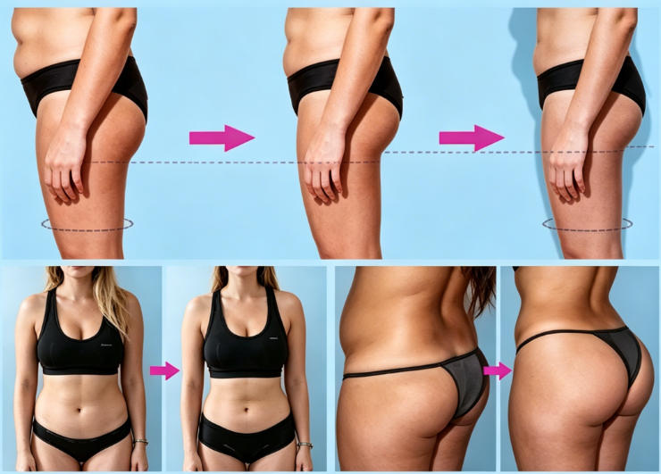 Mecavie before and after treatment comparison showing body sculpting results