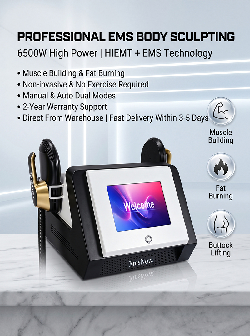 EMSnova professional 6500W EMS body sculpting machine with HIEMT technology, muscle building and fat burning, non-invasive, manual and auto dual modes