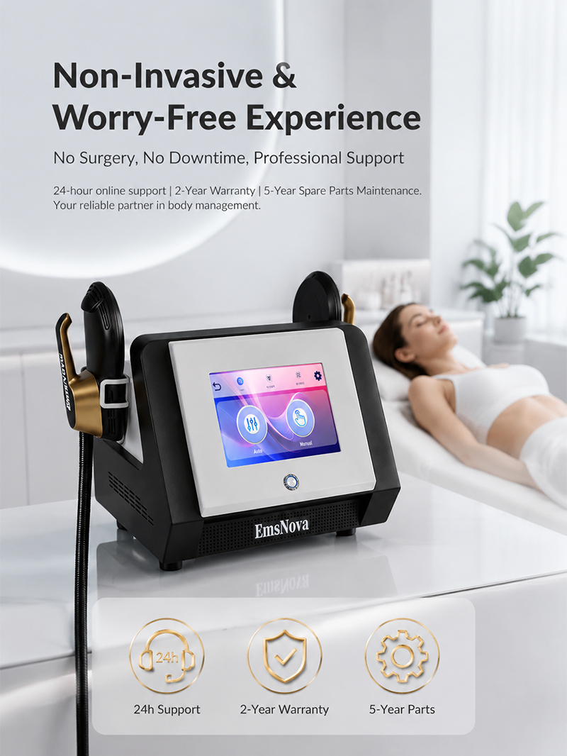 EMSnova non-invasive body sculpting with worry-free experience: 24-hour online support, 2-year warranty, 5-year spare parts maintenance