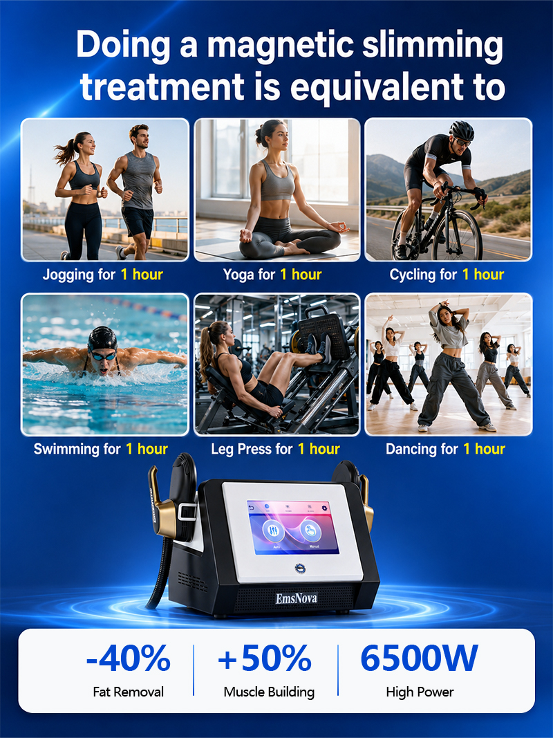 EMSnova 6500W magnetic slimming: minus 40 percent fat, plus 50 percent muscle, equals 1 hour of multiple exercises